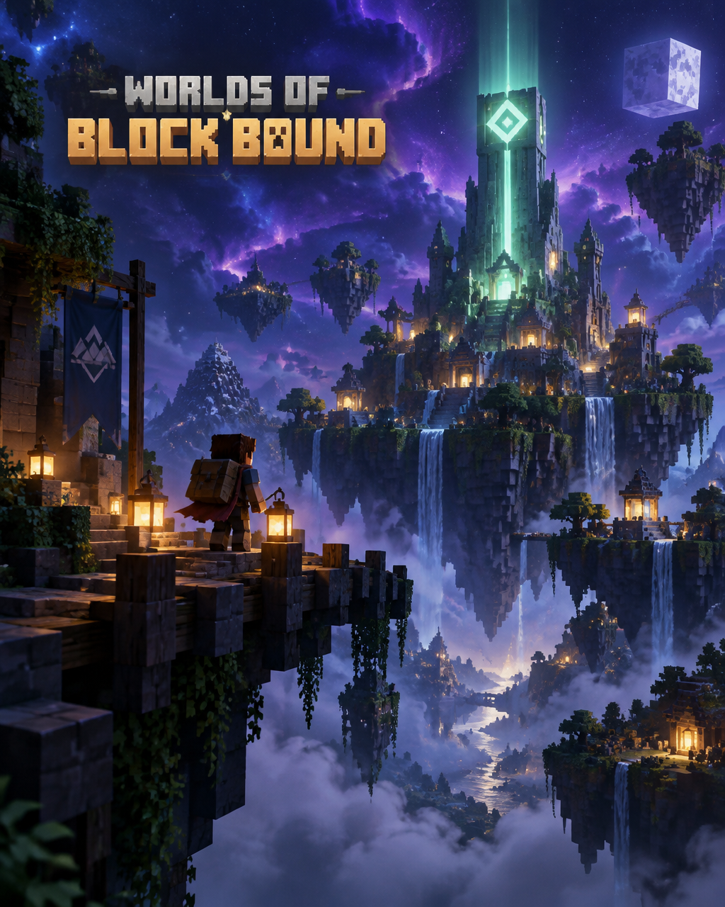 Worlds of Block Bound key art — a voxel world with a glowing beacon tower under a violet aurora