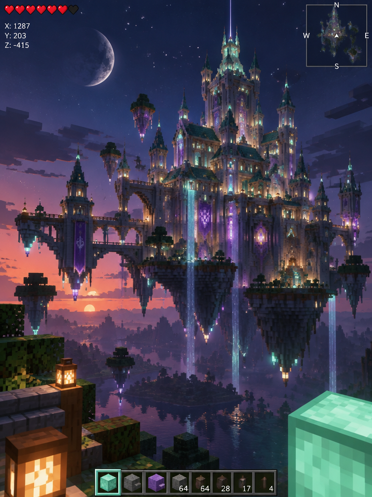 Glowing voxel structures being built by moonlight