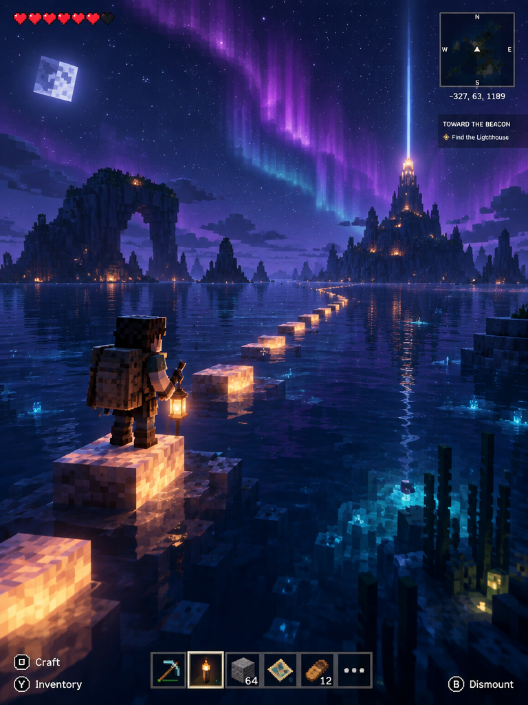 A floating island world lit by aurora skies