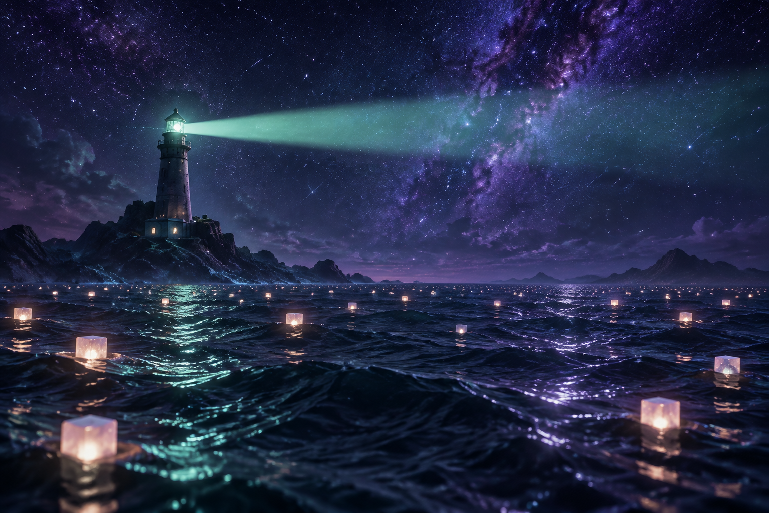 A lighthouse beam sweeping across a night ocean of stars and glowing blocks